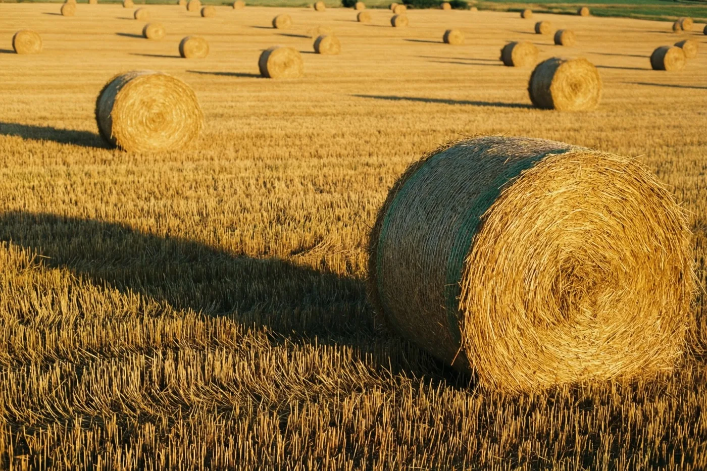 Ronde strobalen werpen lange schaduwen over de stoppels van een geoogst tarweveld in goudgeel en bruin avondlicht.