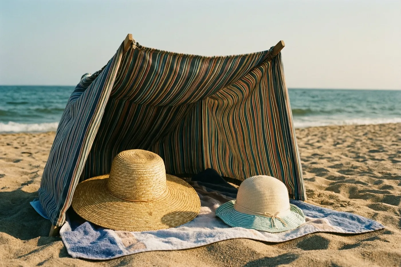 Een grote strohoed en een kleinere kinderzonnehoed liggen op een handdoek achter een gestreept windscherm op het strand, vlak bij zee in goudkleurig licht.