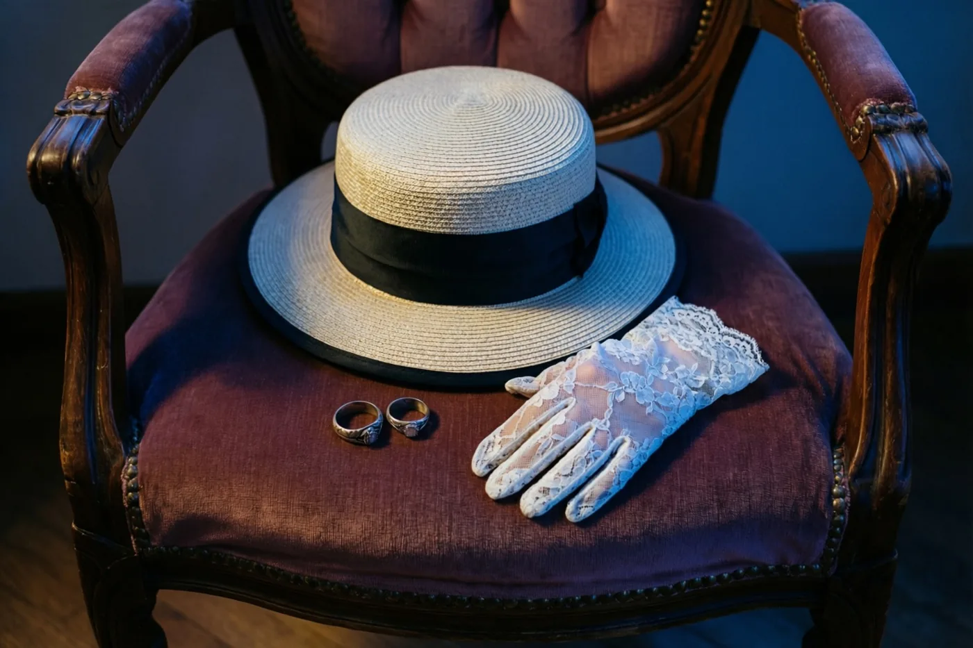 Een strohoed in retrostijl met een zwart lint ligt met een witte kanten handschoen en twee versleten trouwringen op een dieppaarse fluwelen stoel in warm, gedempt licht.