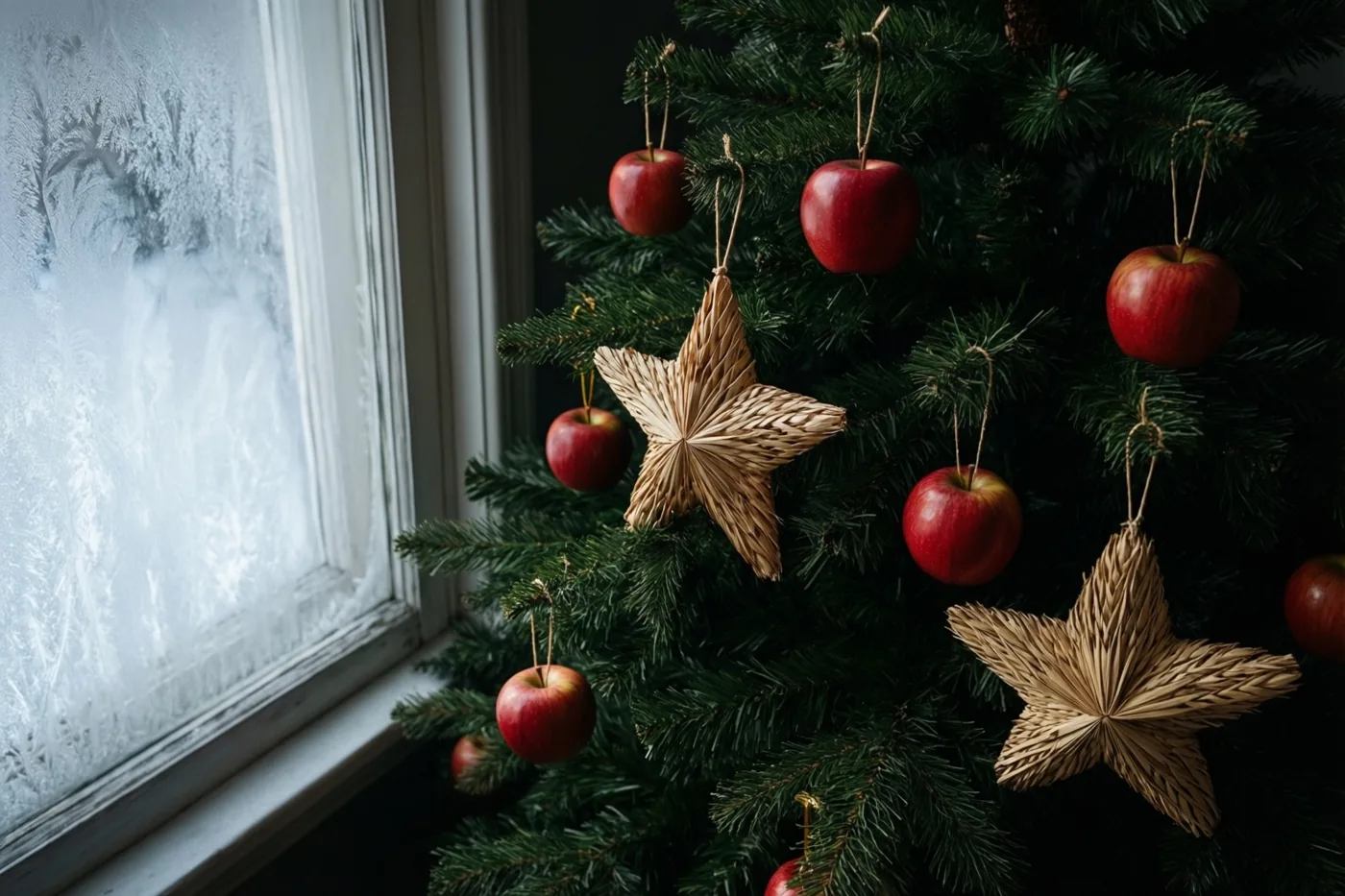 Een kerstboom met strosterren en rode appels staat naast een berijpt raam, met donkergroene naalden en warmbruine sterren.