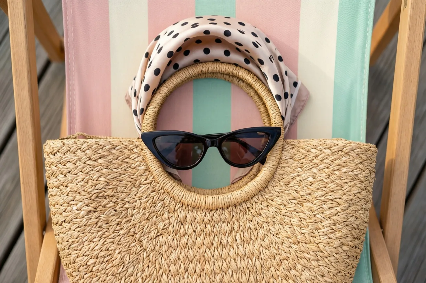 Een geweven strotas, een cat-eye-zonnebril en een hoofddoek met stippen liggen op een gestreepte ligstoel op een houten terras in pastelroze, mintgroene en crèmekleurige tinten.
