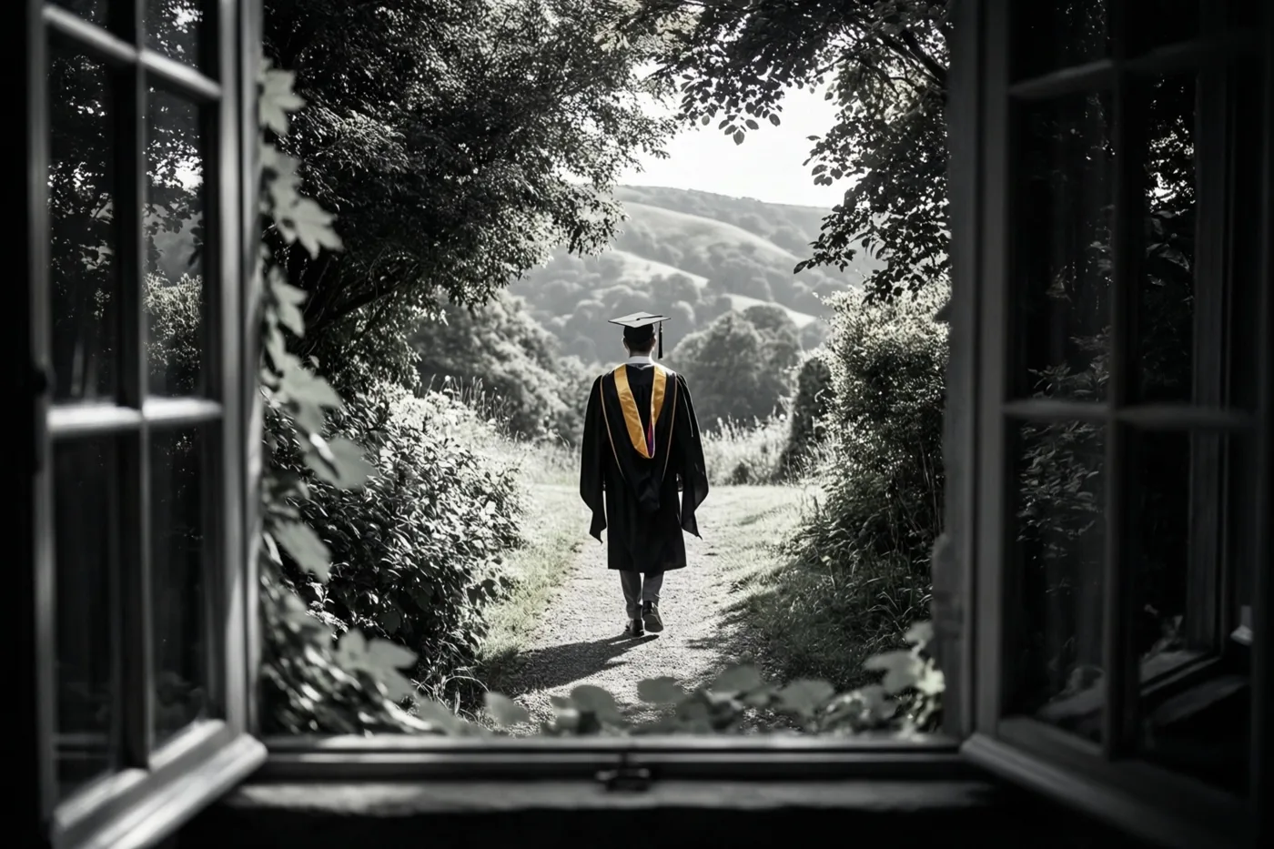 Door een open raam is een student van achteren te zien die in een afstudeertoga een zonnig heuvelpad oploopt, in zwart-wit met een geel accent op de toga.