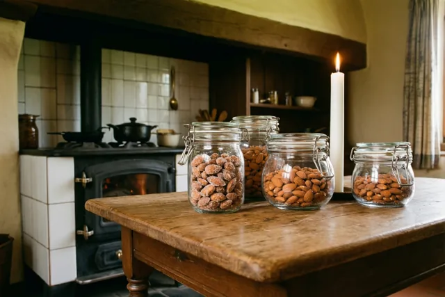 Op een rustieke houten tafel in een Vlaamse hoevekeuken staan glazen potten met suikeramandelen en een brandende witte kaars, met achteraan een betegelde kachel met kookpotten en een houten schouw erboven.