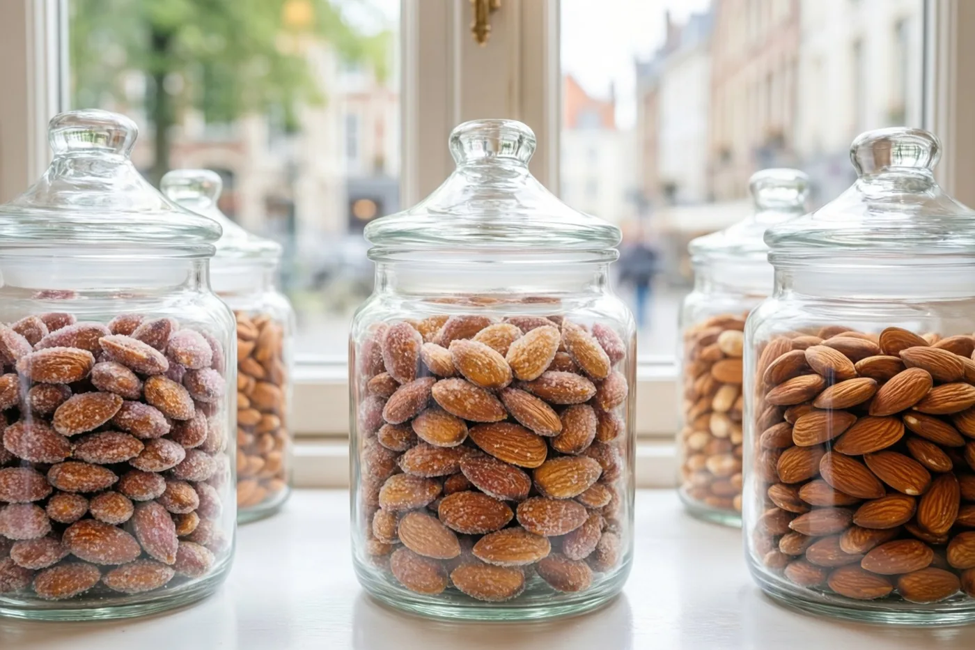 Op een vensterbank staan glazen potten met suikeramandelen in natuurlijk daglicht, met door het raam een wazig straatbeeld en warme bruine, beige en witte tinten.