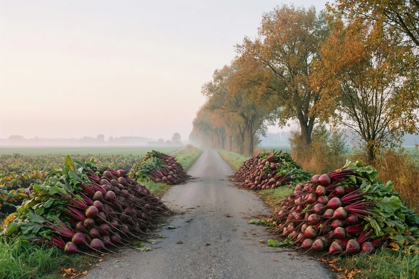 Grote hopen pas geoogste suikerbieten liggen langs een landelijke polderweg met goudkleurige herfstbomen onder een mistige hemel.