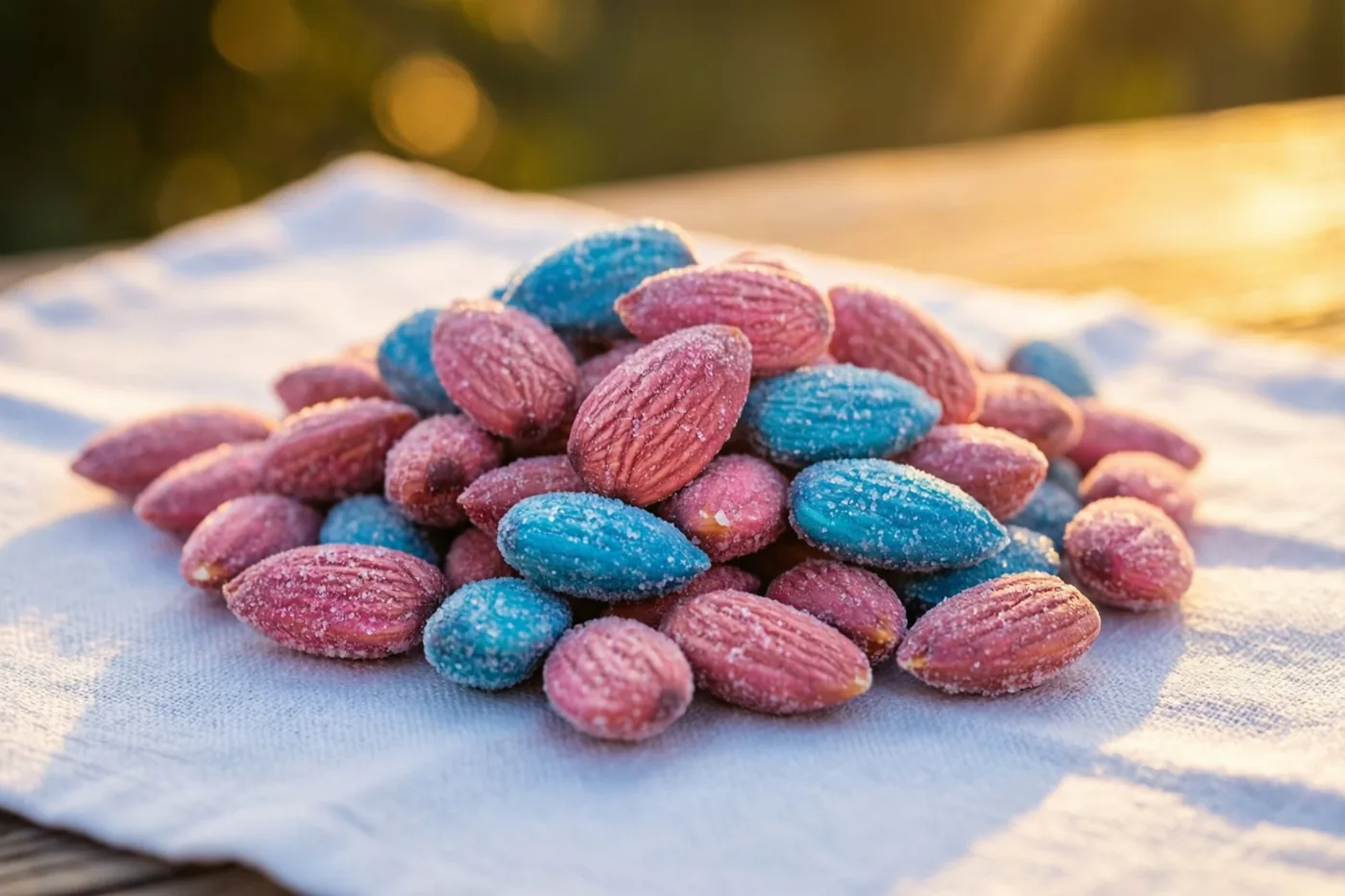 Een hoopje roze en blauwe suikerbonen ligt op wit linnen in warm, goudkleurig zonlicht, met een zacht onscherpe achtergrond.