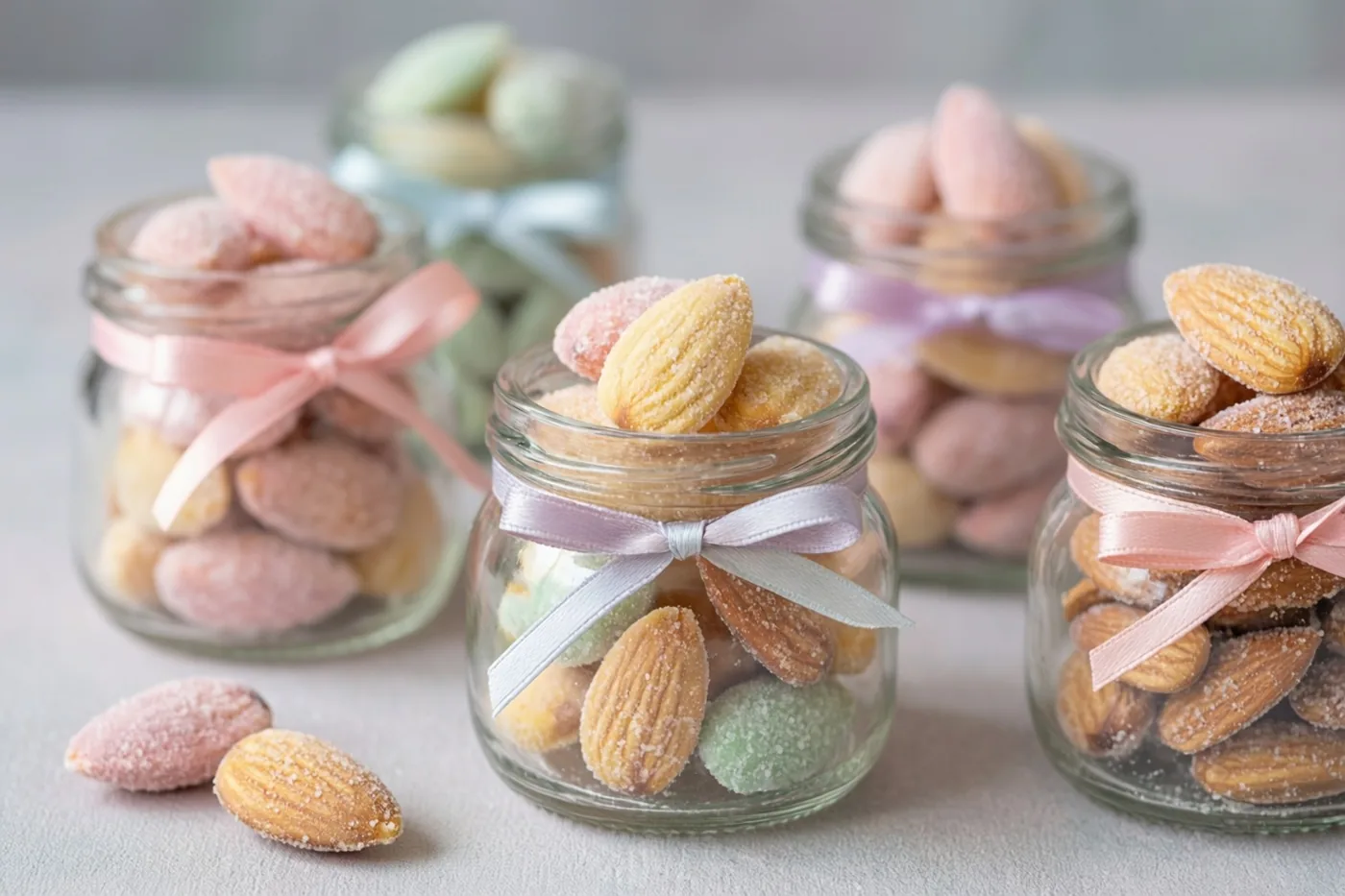 Kleine glazen potjes gevuld met suikerbonen in pastelroze, lavendel en mintgroen staan met lintjes op een lichte ondergrond.