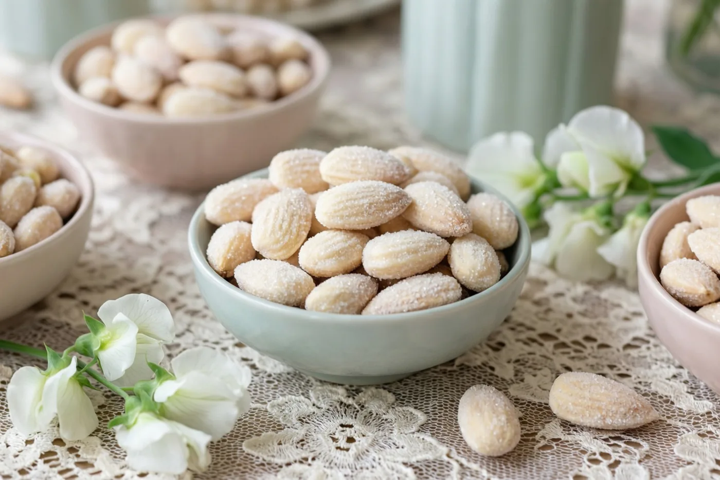 Kommen met witte suikerbonen staan op een kanten tafelkleed naast verse witte reukerwten, in zacht licht en pasteltinten.