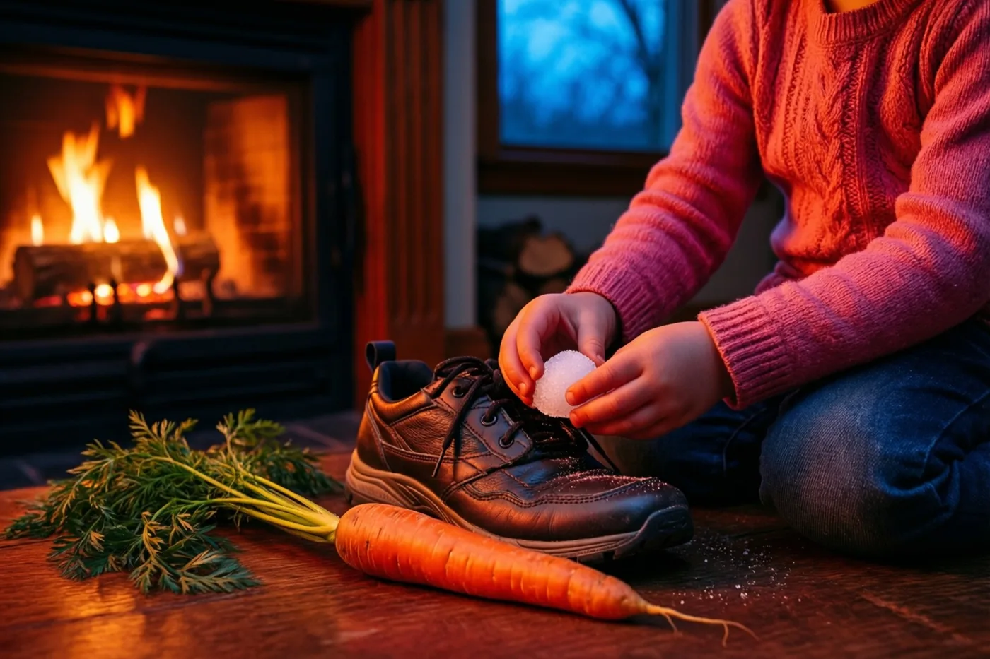 Kinderhanden leggen een suikerklontje in een zwarte schoen naast een wortel op een houten vloer, met een warm gloeiende haard op de achtergrond.
