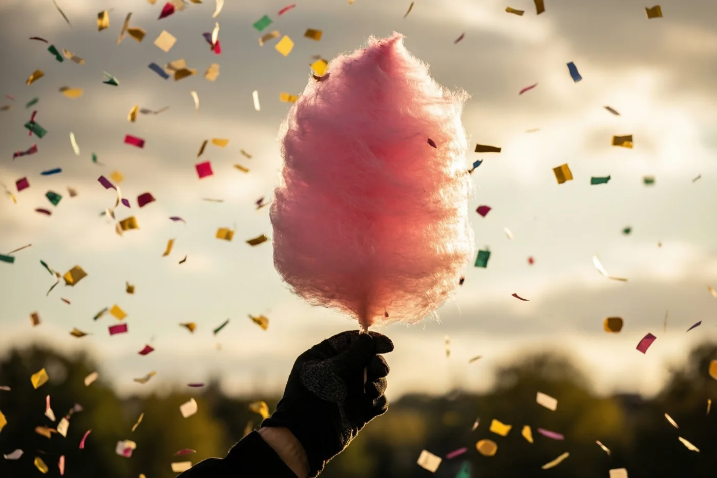Een hand met een handschoen houdt buiten een grote luchtige roze suikerspin vast tegen een lucht met vallende gekleurde confetti en zacht, warm tegenlicht.
