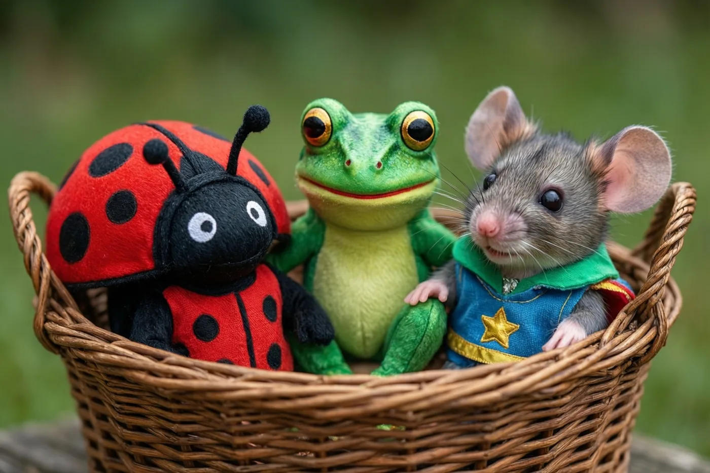 Een rieten mand met een rood pluchen lieveheersbeestje, een groene kikker en een grijze muis in een blauw superheldenkostuum staat buiten tegen een wazige groene achtergrond.