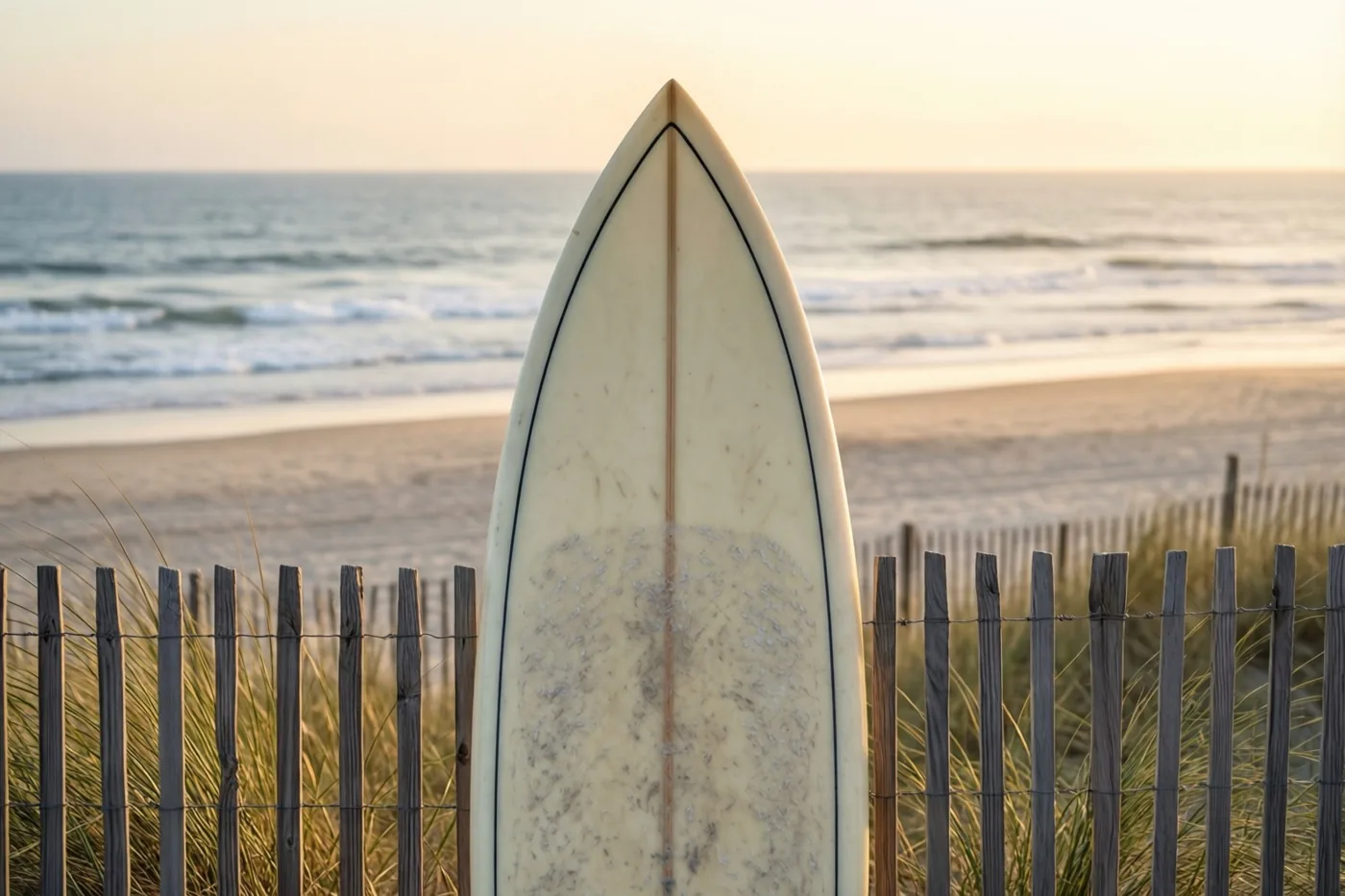 Een surfplank staat rechtop tegen een houten duinhek, met een zandstrand en zachte golven erachter in het gouden licht van de zonsopgang.