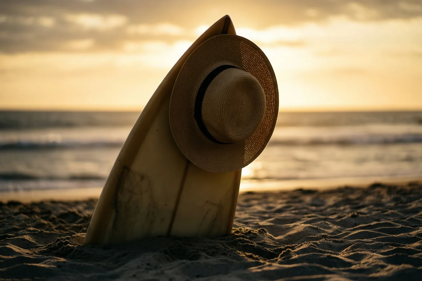 Een surfplank staat rechtop in het zand met een strohoed aan de zijkant, tegen een zonsondergang boven zee in goudkleurige en oranje tinten.