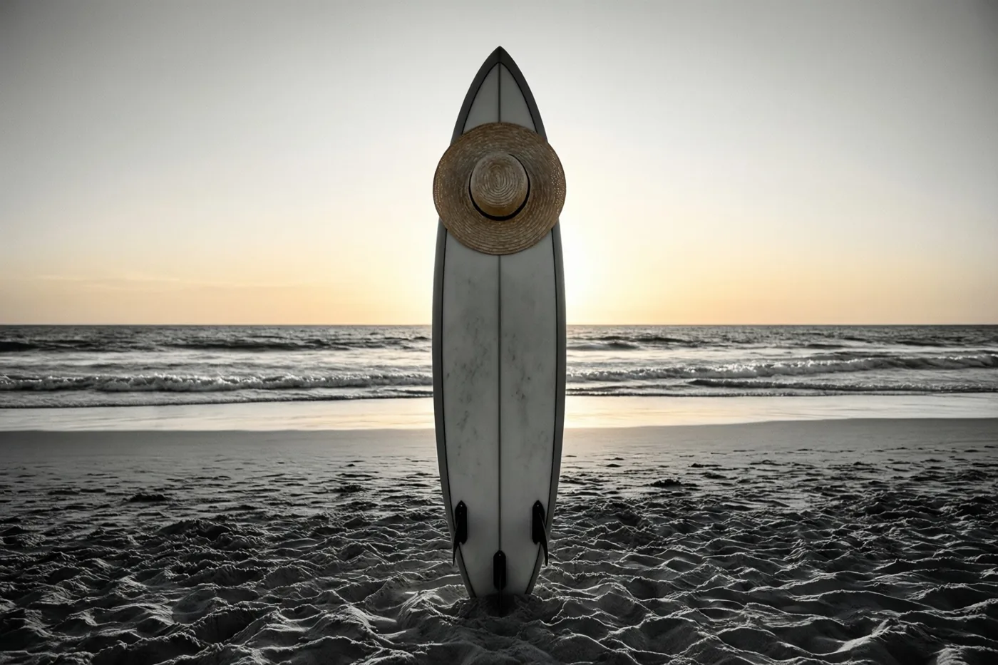 Een surfplank staat rechtop in het strandzand met een strohoed aan de bovenkant, met de zee bij zonsondergang op de achtergrond in zachte, warme kleuren.