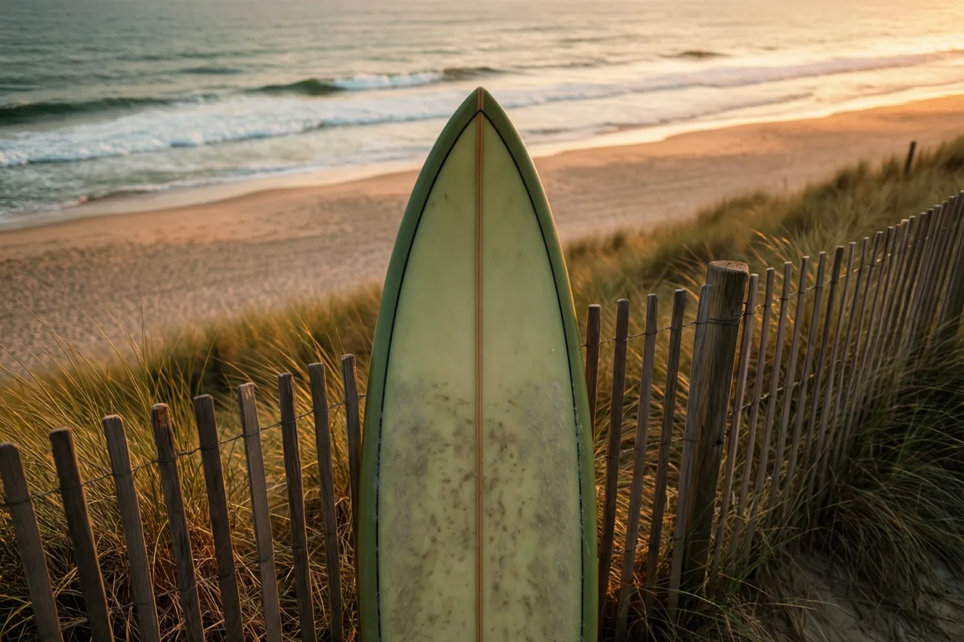 Een surfplank leunt tegen een houten duinhek bij zonsopgang, met zachte golven en een leeg zandstrand op de achtergrond.