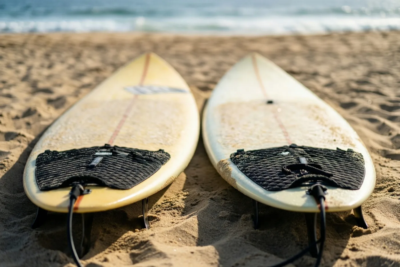 Twee lichtgele en witte surfplanken met zwarte antislipvlakken staan naast elkaar in het zand op een breed strand, met de zee op de achtergrond.