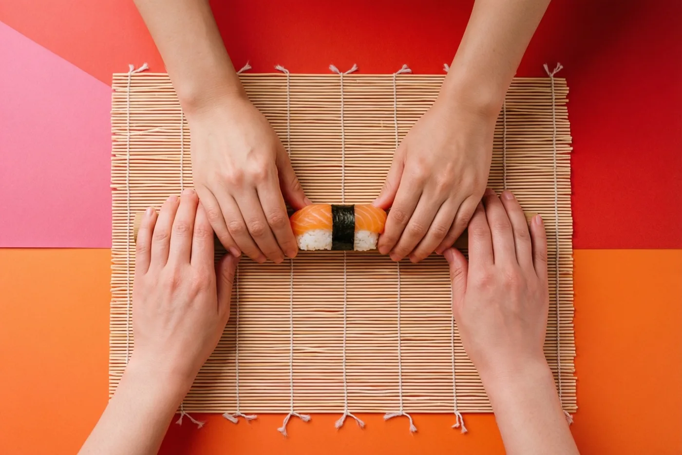 Van bovenaf zijn vier handen te zien die zalmsushi rollen op een bamboemat, tegen een achtergrond van rode, roze en oranje geometrische vlakken.