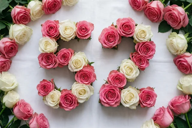 Roze en witte rozen liggen symmetrisch in de vorm van 52 in het midden van een wit tafelkleed, van bovenaf gezien.