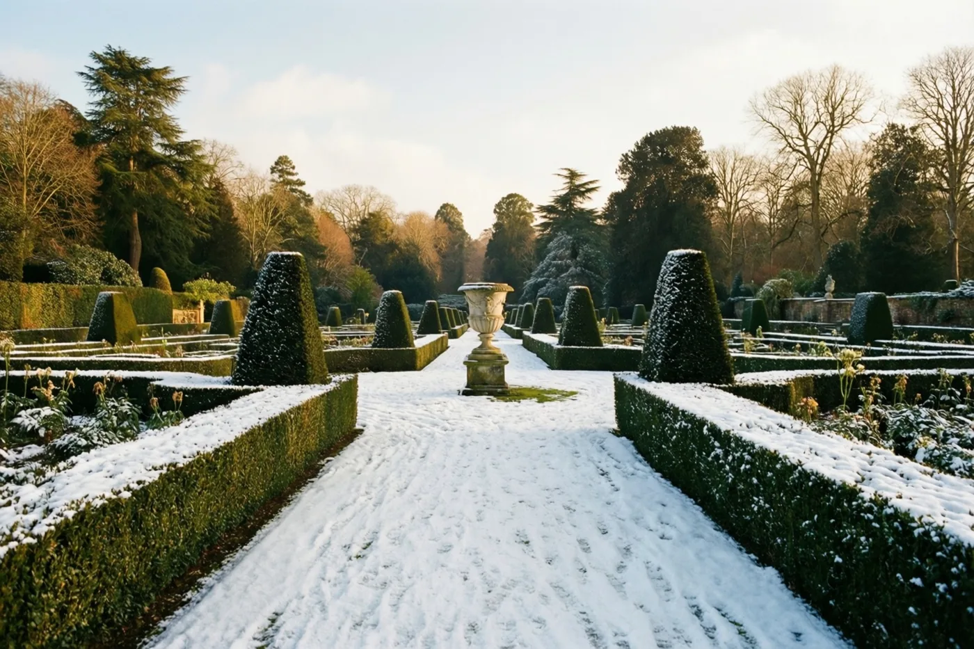 Een besneeuwde formele tuin heeft symmetrische paden met strak gesnoeide buxushagen en kegelvormige struiken, met kale en groenblijvende bomen onder een bleke hemel.