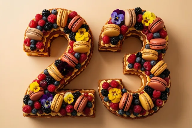 Een taart in de vorm van 23 met bessen, macarons en eetbare bloemen staat tegen een effen beige achtergrond.