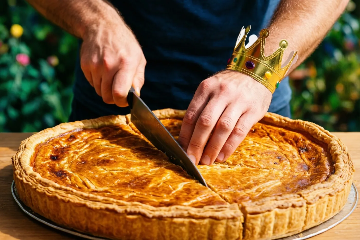 Mannenhanden snijden met een mes een grote goudbruine galette aan op een houten buitentafel, met een klein papieren kroontje om de pols en een wazige groene tuin op de achtergrond.