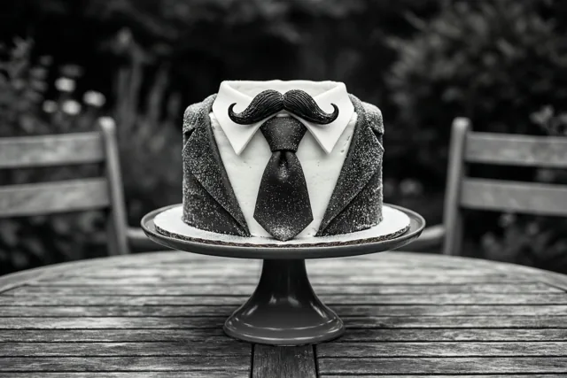 Een taart in de vorm van een mannenpak, versierd met een suikersnor en een das, staat op een taartvoet op een houten tuintafel in zwart-wit.