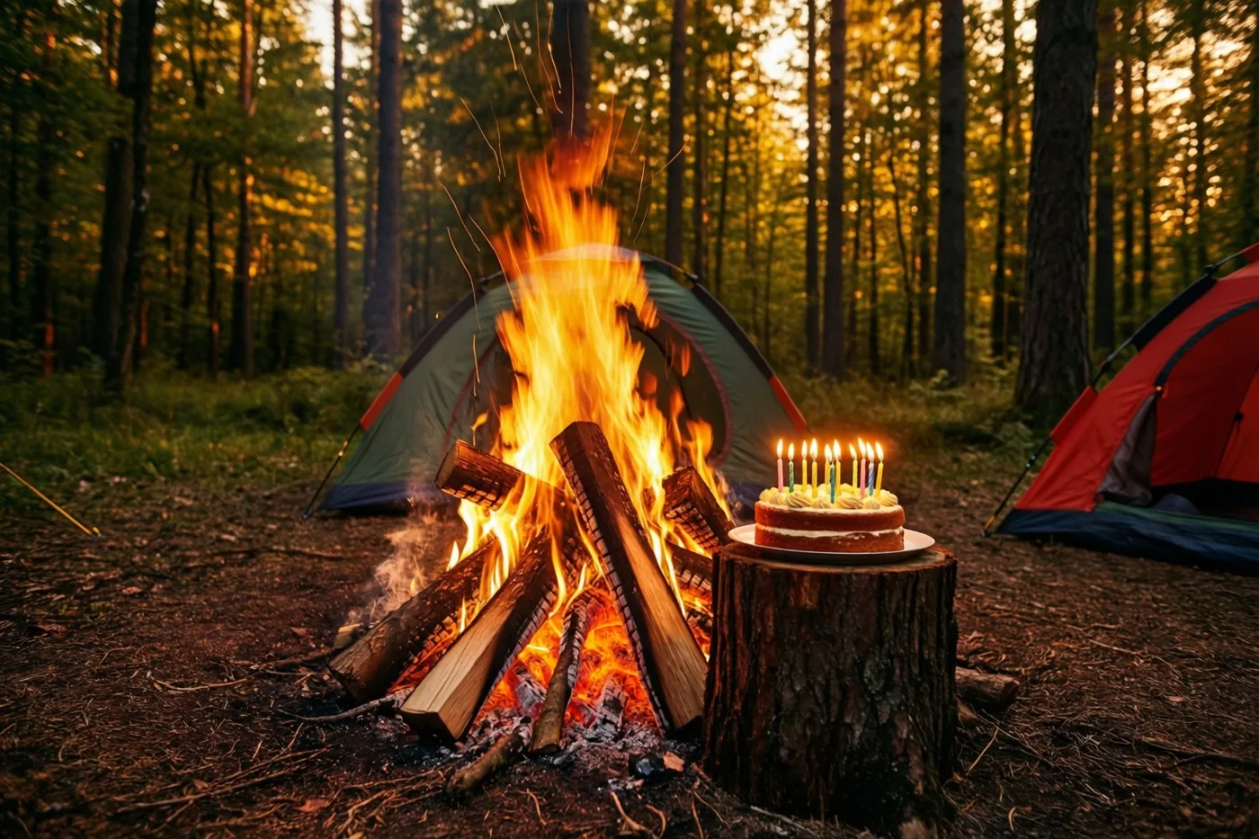 Een kampvuur brandt op een open plek in het bos, naast een taart met brandende kaarsjes op een boomstronk, terwijl warm avondlicht door de bomen valt.
