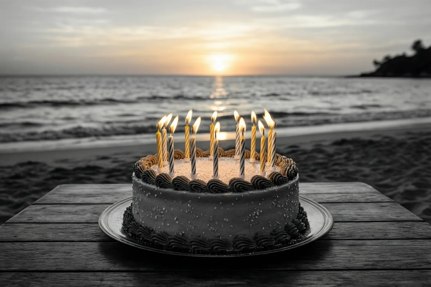 Een verjaardagstaart met brandende kaarsen staat op een houten tafel op het strand bij zonsondergang, in een monochroom beeld met warme lichtaccenten.