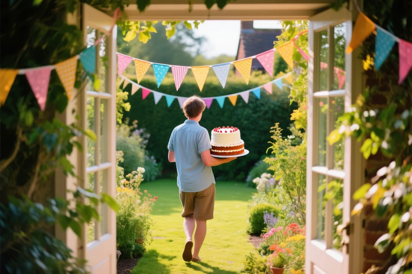 Door open deuren is een persoon van achteren te zien die een taart met twee verdiepingen over een zonnig tuinpad draagt, tussen bloemen en kleurrijke vlaggetjes.