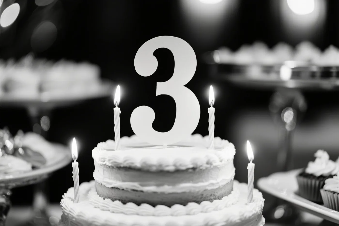 Op een zwart-witfoto staat een taart met meerdere verdiepingen, een grote papieren 3 en drie brandende kaarsjes op een feestelijk buffet.