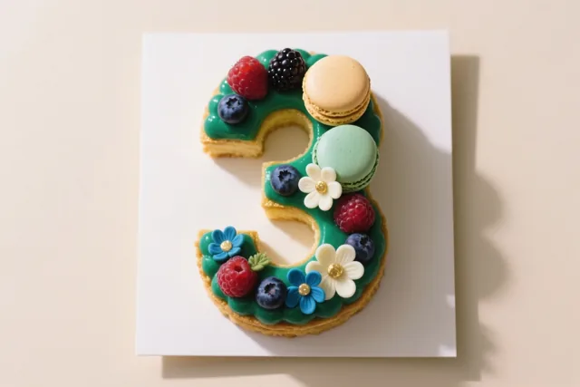 Een taart in de vorm van het cijfer 3 is versierd met bessen, macarons en eetbare bloemen en ligt op wit karton tegen een beige achtergrond.