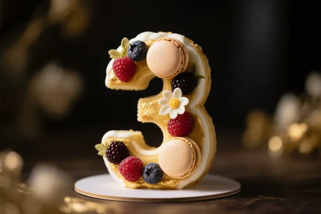 Een taart in de vorm van het cijfer 3 met frambozen, bramen, blauwe bessen, macarons en een eetbare bloem staat op een wit bord tegen een donkere achtergrond met onscherpe gouden lichtjes.