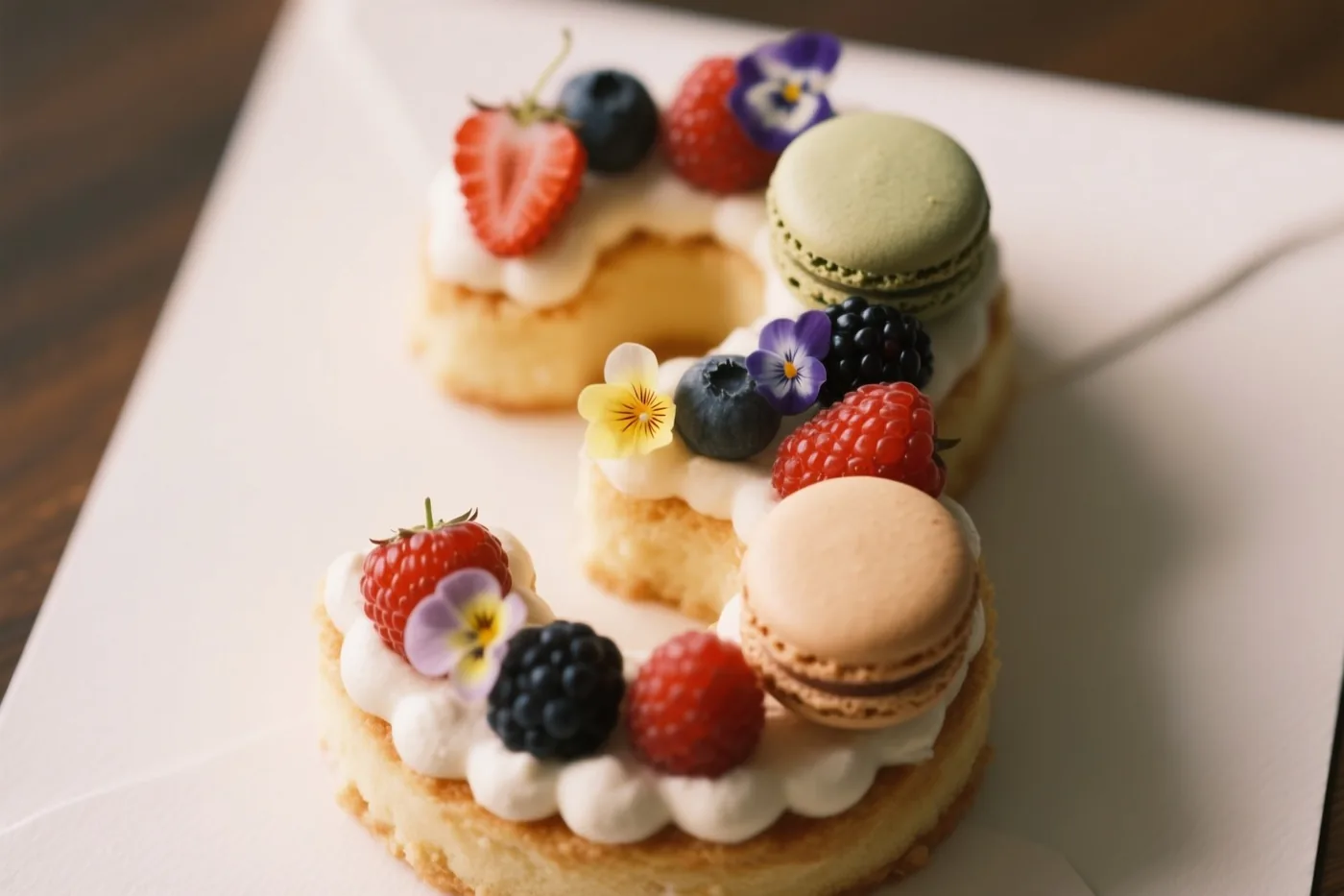 Een taart in de vorm van het cijfer 3 ligt op een wit bord tegen een houten achtergrond en is versierd met bessen, macarons en eetbare bloemen.