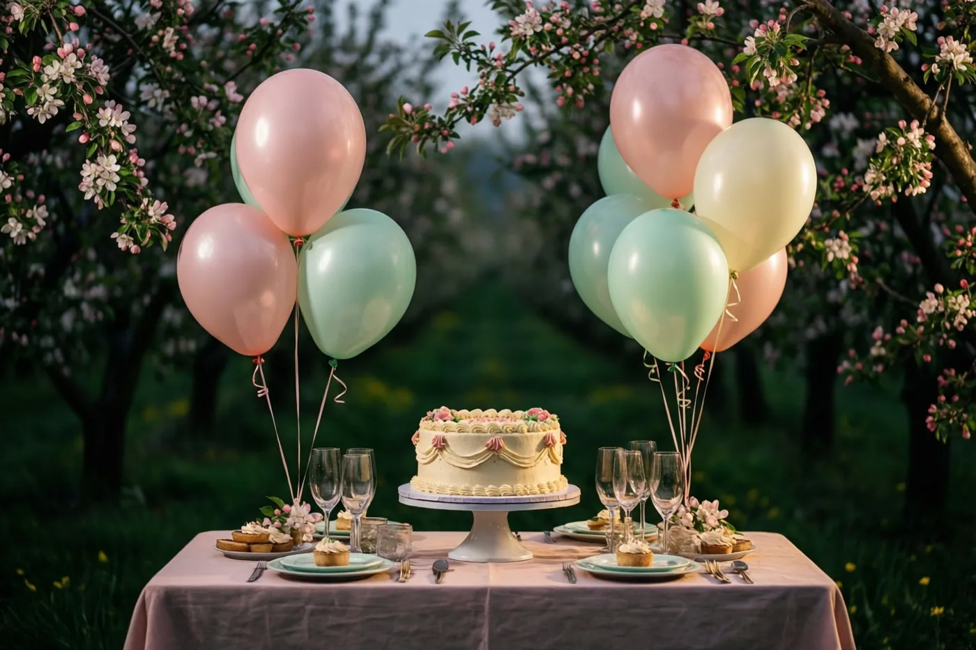 Een verjaardagstafel met een taart, cupcakes en glazen staat onder bloeiende fruitbomen, met roze en mintgroene ballonnen in zacht daglicht.