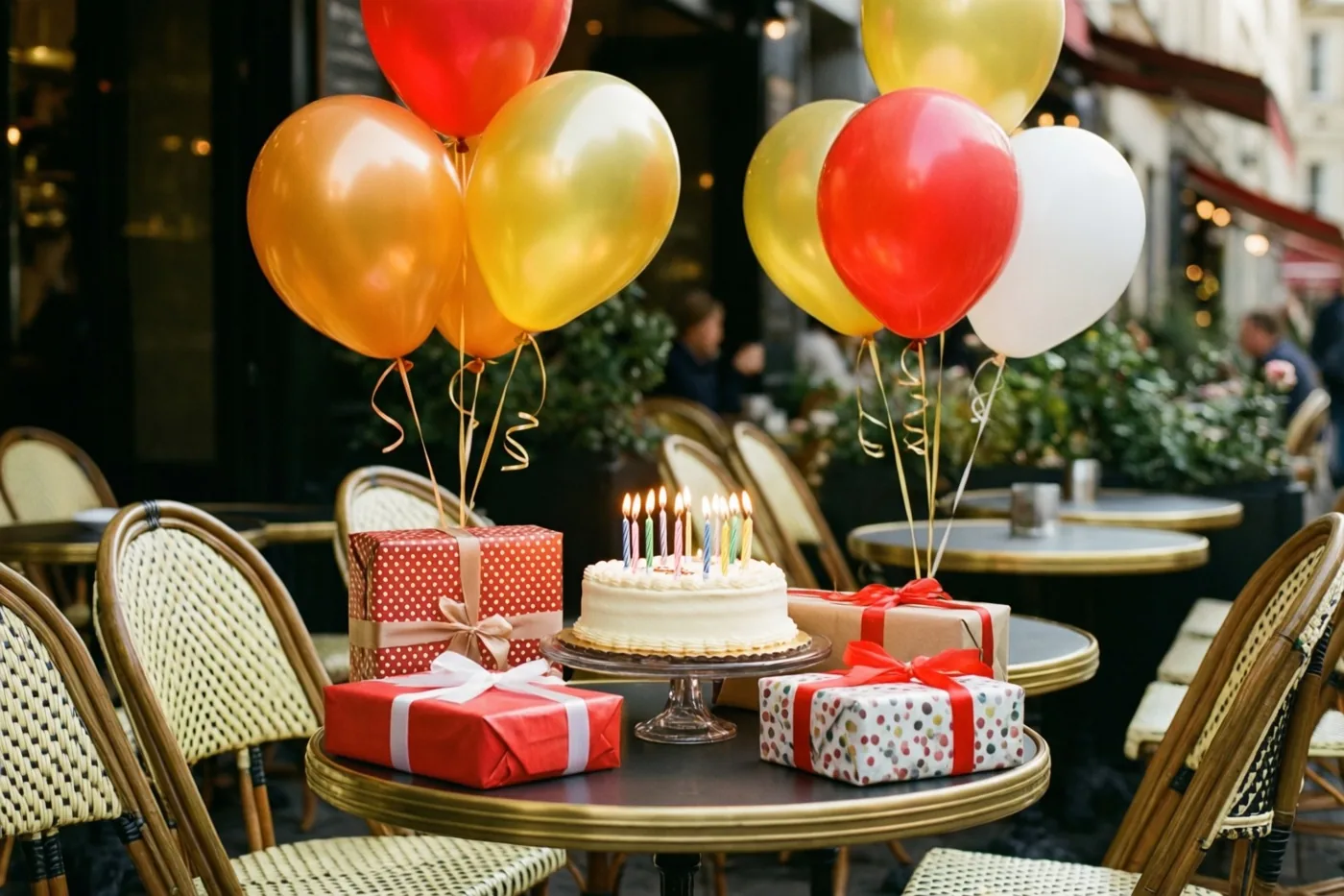 Een tafel op een caféterras is versierd met ballonnen, ingepakte cadeaus en een verjaardagstaart met brandende kaarsjes, met rieten stoelen eromheen.
