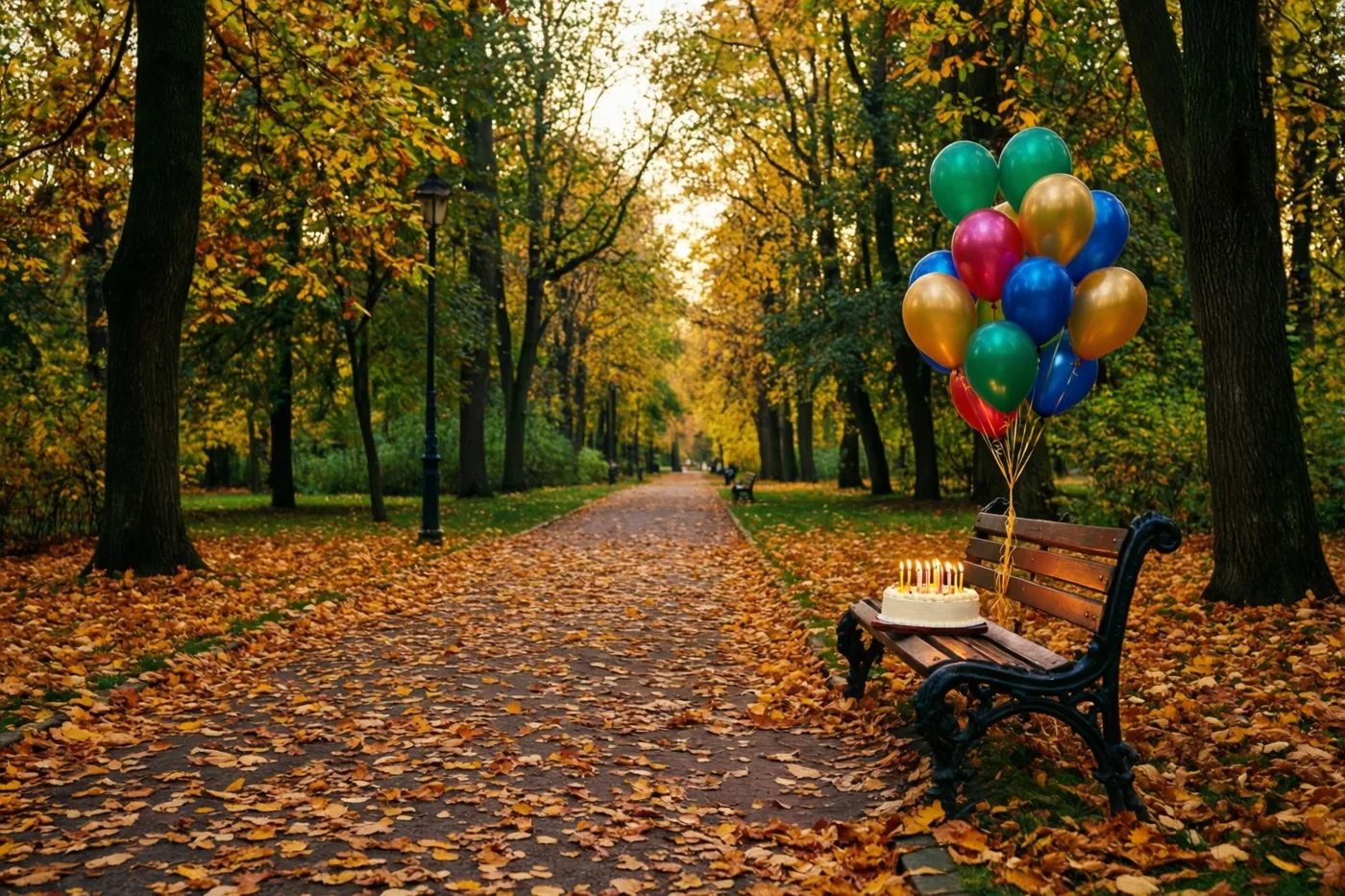 Op een houten bank in een herfstpark staat een verjaardagstaart met brandende kaarsjes en zijn kleurrijke ballonnen vastgebonden, naast een pad met goudbruine bladeren en bomen met geelgroen blad.