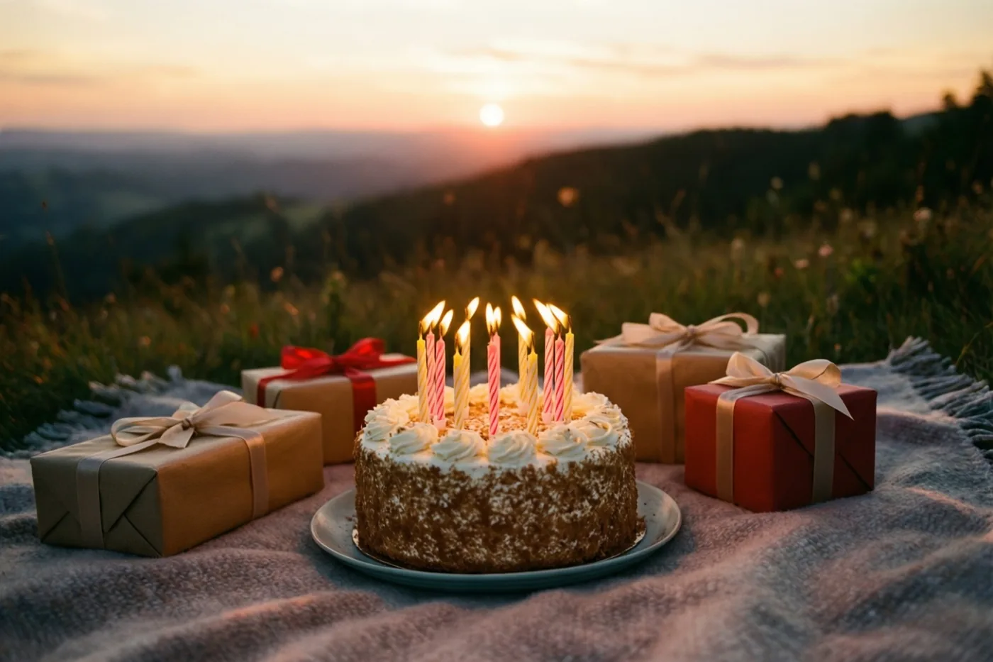 Een taart met brandende kaarsjes en ingepakte cadeaus liggen op een deken op een heuvel, tegen een zonsondergang in warme oranje, rode en bruine tinten.