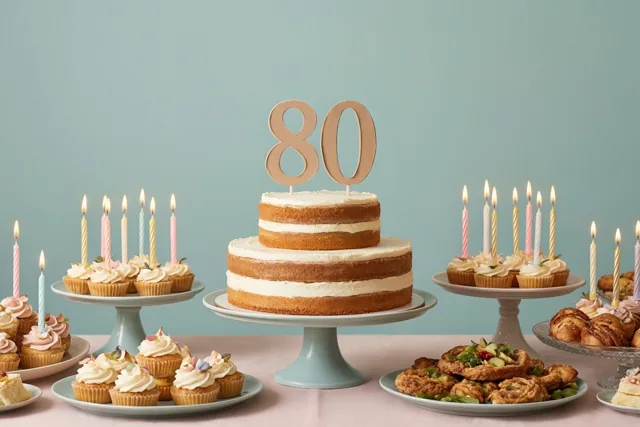Een taart met meerdere lagen en een papieren versiering met 80 staat tussen cupcakes en andere desserts met brandende kaarsjes op een buffettafel met een roze tafelkleed, voor een effen lichtblauwe muur.