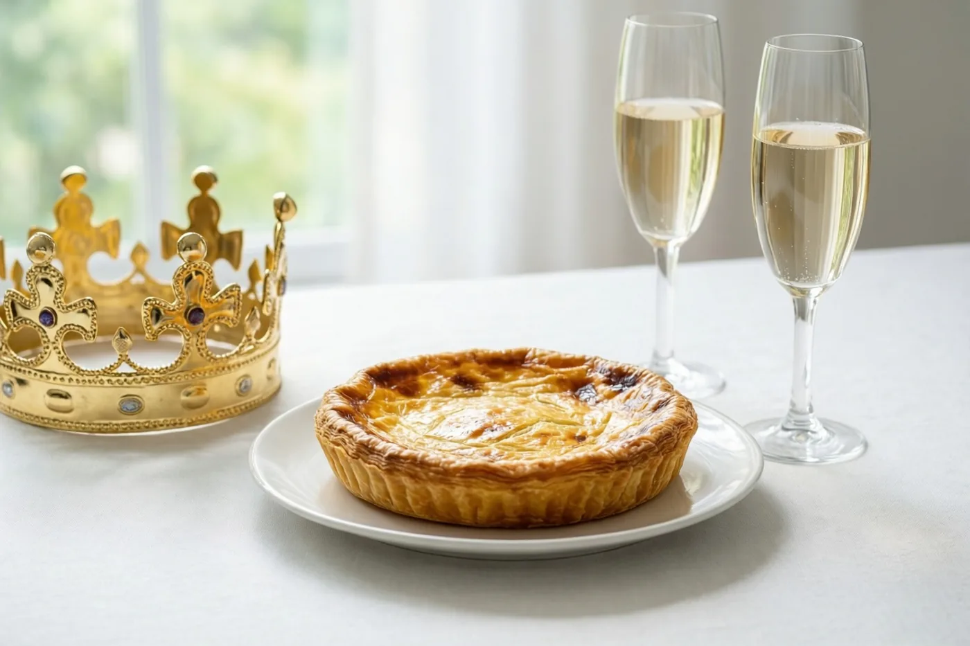 Een goudkleurige galette op een wit bord staat met een gouden kroon en twee champagnefluiten op een wit tafelkleed bij een raam in zacht daglicht.