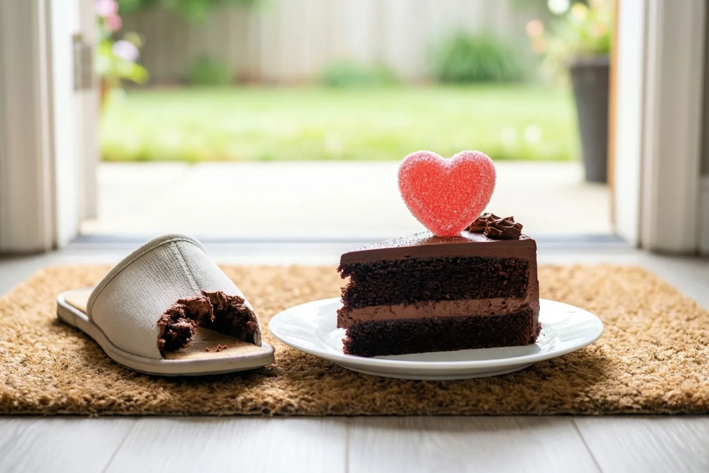 Een stuk chocoladetaart met een roze suikerhart staat op een wit bord naast een beige pantoffel met taartkruimels erin op een bruine deurmat, met door de deuropening een onscherpe groene tuin.