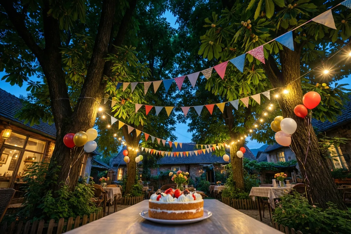 Een verjaardagstaart staat op een tafel in de tuin van een dorpscafé onder grote kastanjebomen, met kleurrijke vlaggetjes, ballonnen en lichtslingers bij schemering.