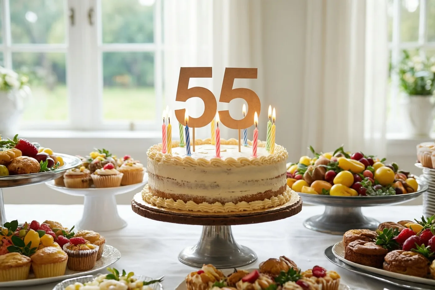 Een taart met meerdere lagen, brandende kaarsjes en een papieren versiering met 55 staat op een feestelijke buffettafel in een lichte ruimte met zachte pasteltinten.