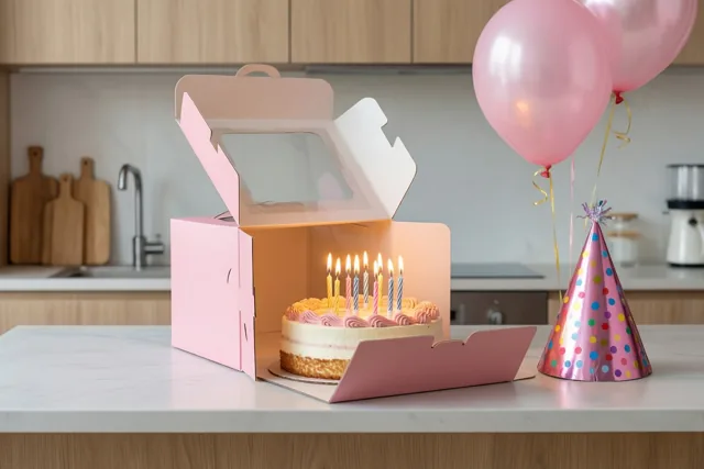 Een open roze taartdoos met een taart met brandende kaarsjes staat op een wit keukenblad naast roze ballonnen en een kleurrijk feesthoedje, in een keuken met licht houten kasten.