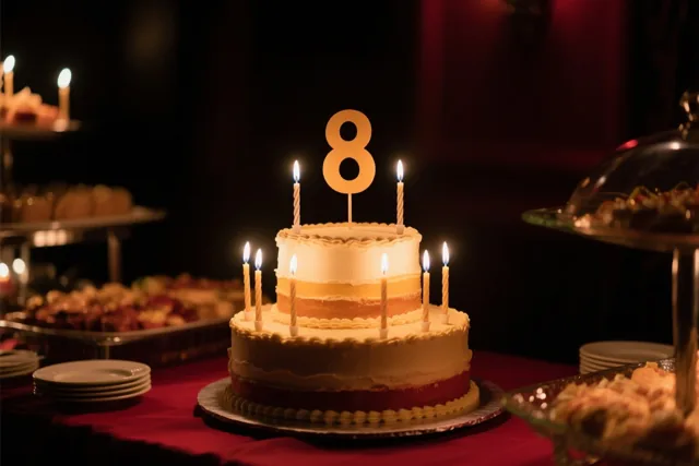 Een verjaardagstaart met twee verdiepingen, brandende kaarsjes en een papieren 8 staat op een rood tafelkleed bij een buffet in warm licht met onscherpe lichtvlekken op de achtergrond.