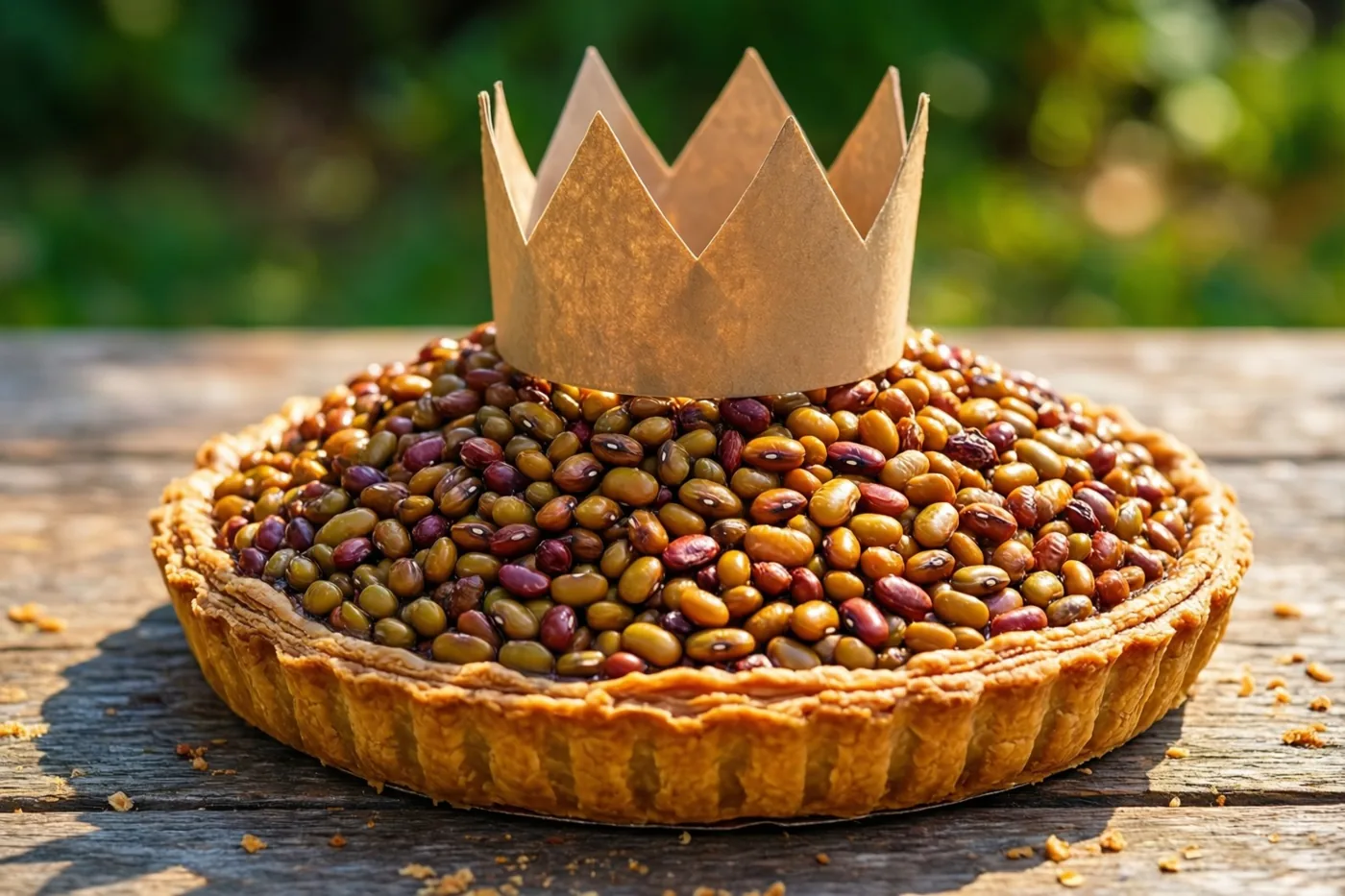 Een goudbruine galette met een hoop kleurrijke gedroogde bonen en een papieren kroon staat op een verweerde houten buitentafel in warm zonlicht voor een wazige groene achtergrond.