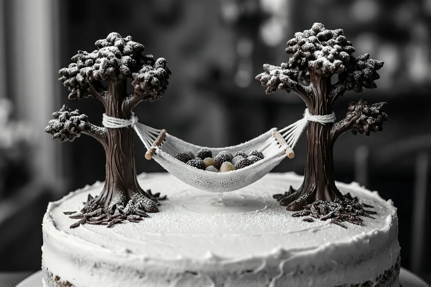 Een monochrome foto toont een ronde taart met wit glazuur, twee chocoladebomen en een suikerhangmat vol bessen ertussen.