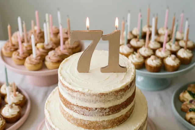 Een taart met verdiepingen, een papieren versiering met 71 en twee brandende kaarsen staat tussen schalen met cupcakes en kaarsjes op een feestbuffet.
