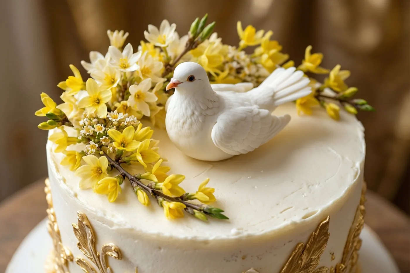 Een witte taart met bladgoudaccenten is versierd met een wit duivenbeeldje en gele en witte lentebloemen tegen een warme, onscherpe achtergrond.