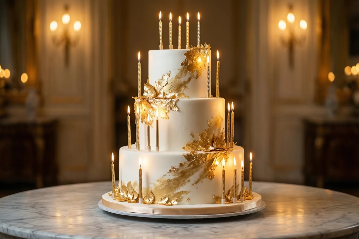 Een witte taart met drie verdiepingen, bladgoud en dunne brandende kaarsjes staat op een marmeren tafel in een warm verlichte kamer.