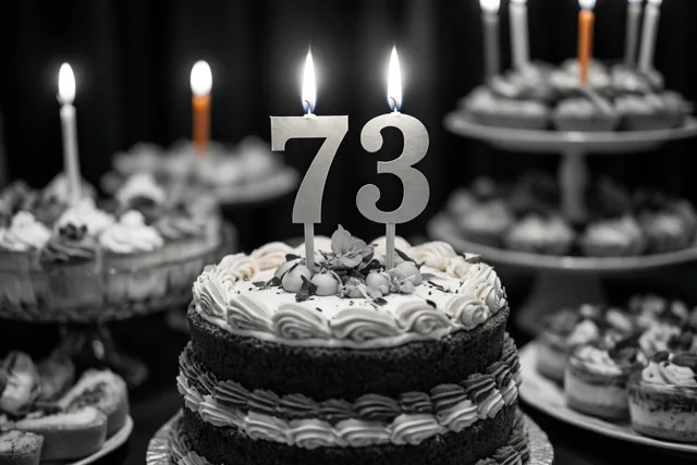 Een grotendeels zwart-witte foto toont een taart met verdiepingen, wit glazuur en een papieren versiering met 73, met gekleurde kaarsvlammen en desserts op de achtergrond.